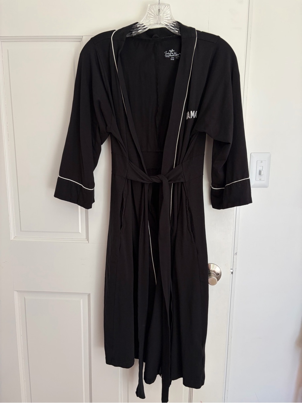 Black MAMA Robe with White Piping, maternity, nursing, labor and delivery